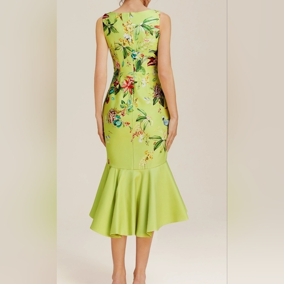 Fe Haute Green Printing Classic Boat Neck Sleeveless Mermaid Midi Cocktail 14 - Picture 2 of 3